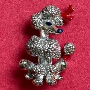 VINTAGE Brooch Dog French Poodle Red Bow Small Pin Silver